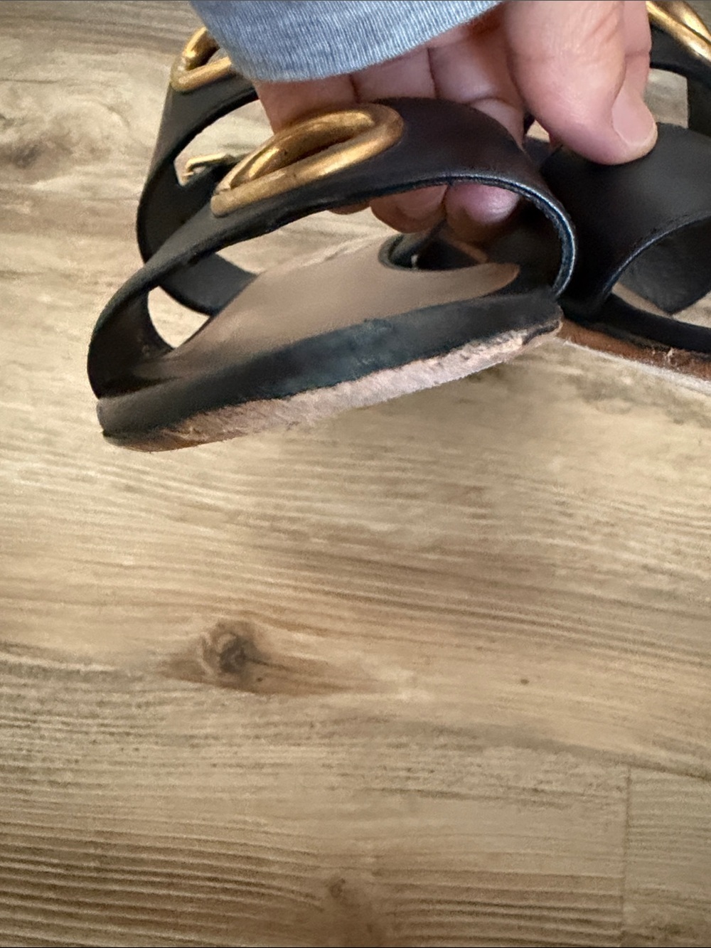 Valentino Black Leather Sandals with Gold Ring Accents - Picture 5 of 15